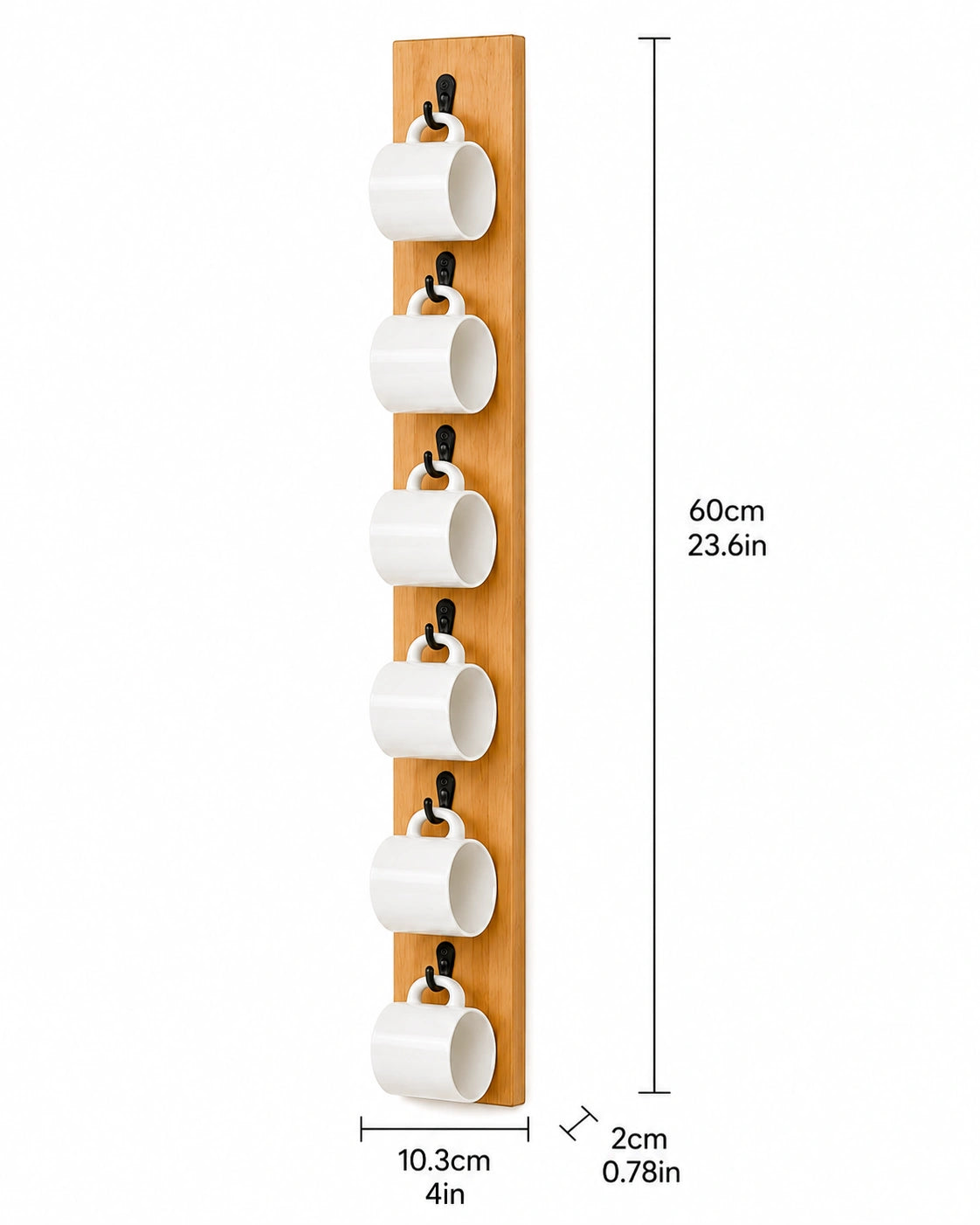 Wooden Wall Mounted Coffee Mug Holder Rack | 6 Hooks | Space Saving Kitchen Organizer
