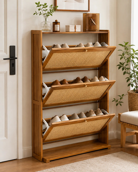 3-Tier Wooden Shoe Cabinet with Flip Drawers