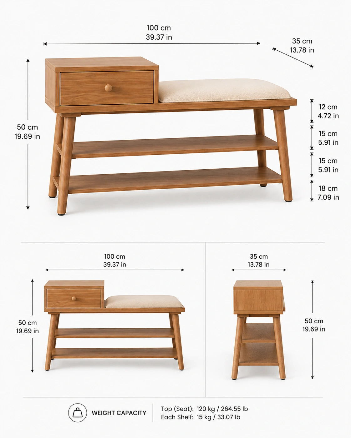 Modern Wooden Shoe Rack Bench with Drawer & Cushion Seat | Entryway Storage