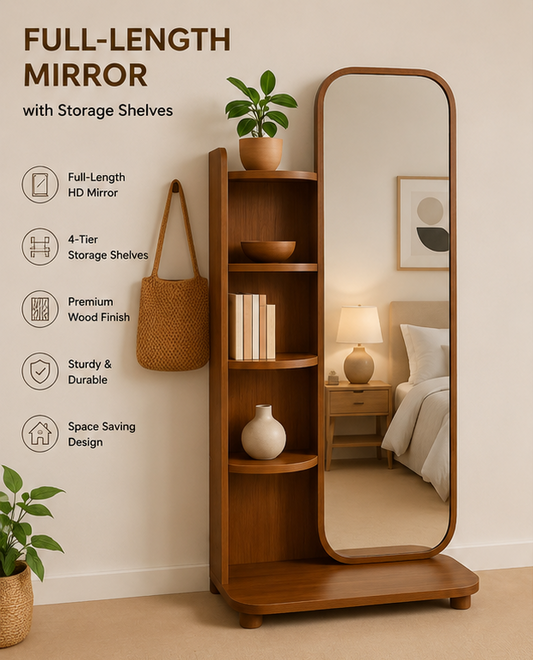 Wooden Full-Length Mirror with Side Storage Shelves | Modern Floor Standing Mirror