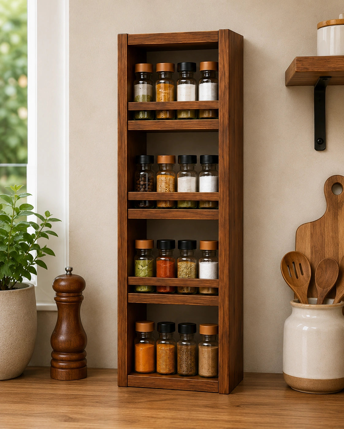 Slim Vertical Wooden Spice Rack | 4-Tier Wall Mounted Kitchen Organizer