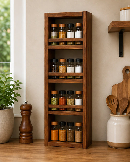 Slim Vertical Wooden Spice Rack | 4-Tier Wall Mounted Kitchen Organizer