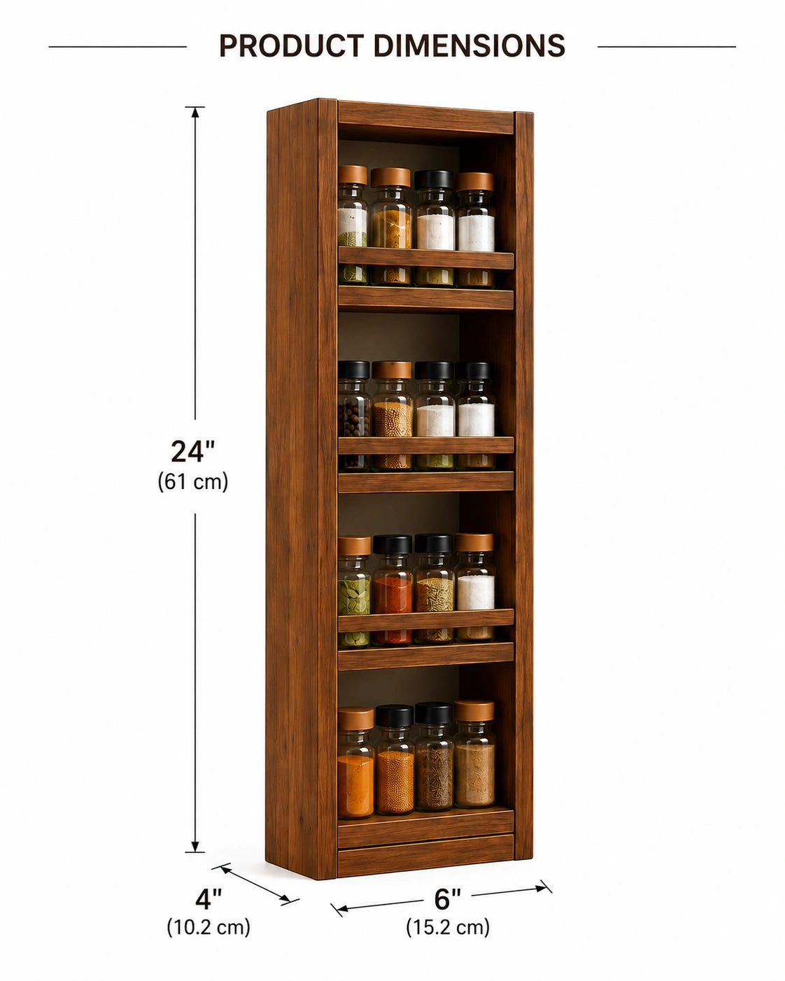 Slim Vertical Wooden Spice Rack | 4-Tier Wall Mounted Kitchen Organizer