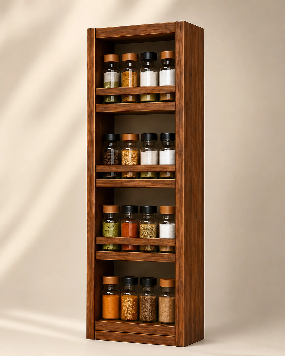 Slim Vertical Wooden Spice Rack | 4-Tier Wall Mounted Kitchen Organizer