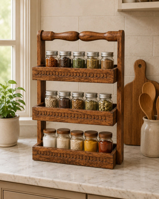 3 Tier Wooden Countertop Organizer | Solid Wood Kitchen Storage Rack