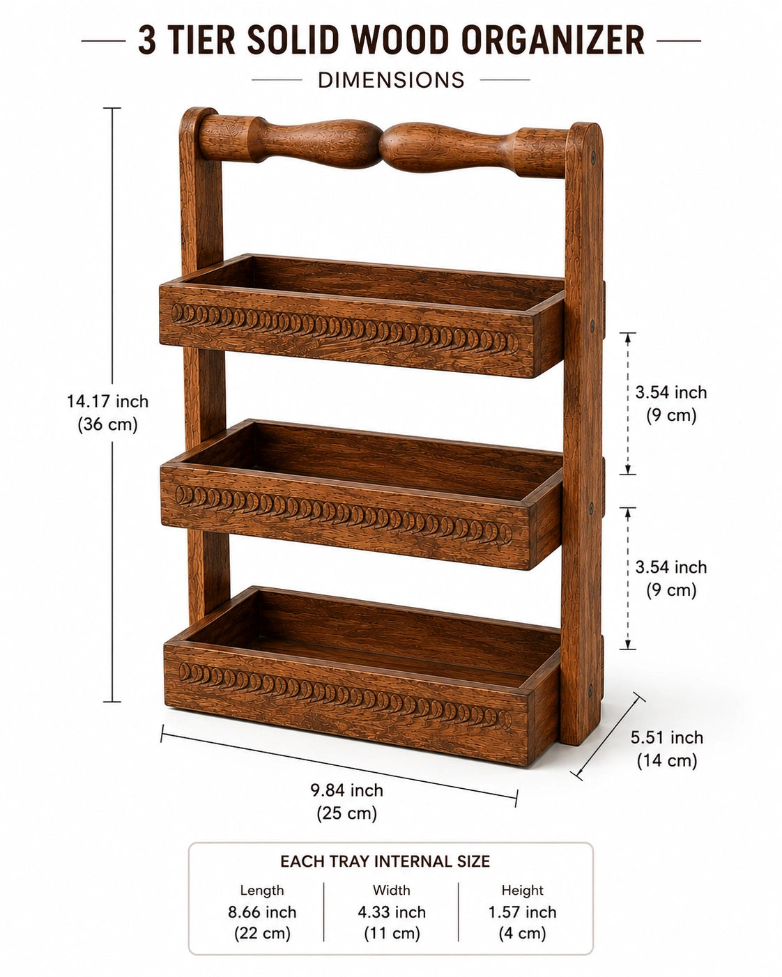 3 Tier Wooden Countertop Organizer | Solid Wood Kitchen Storage Rack