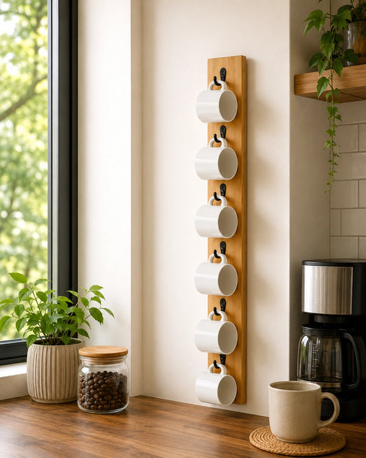 Wooden Wall Mounted Coffee Mug Holder Rack | 6 Hooks | Space Saving Kitchen Organizer