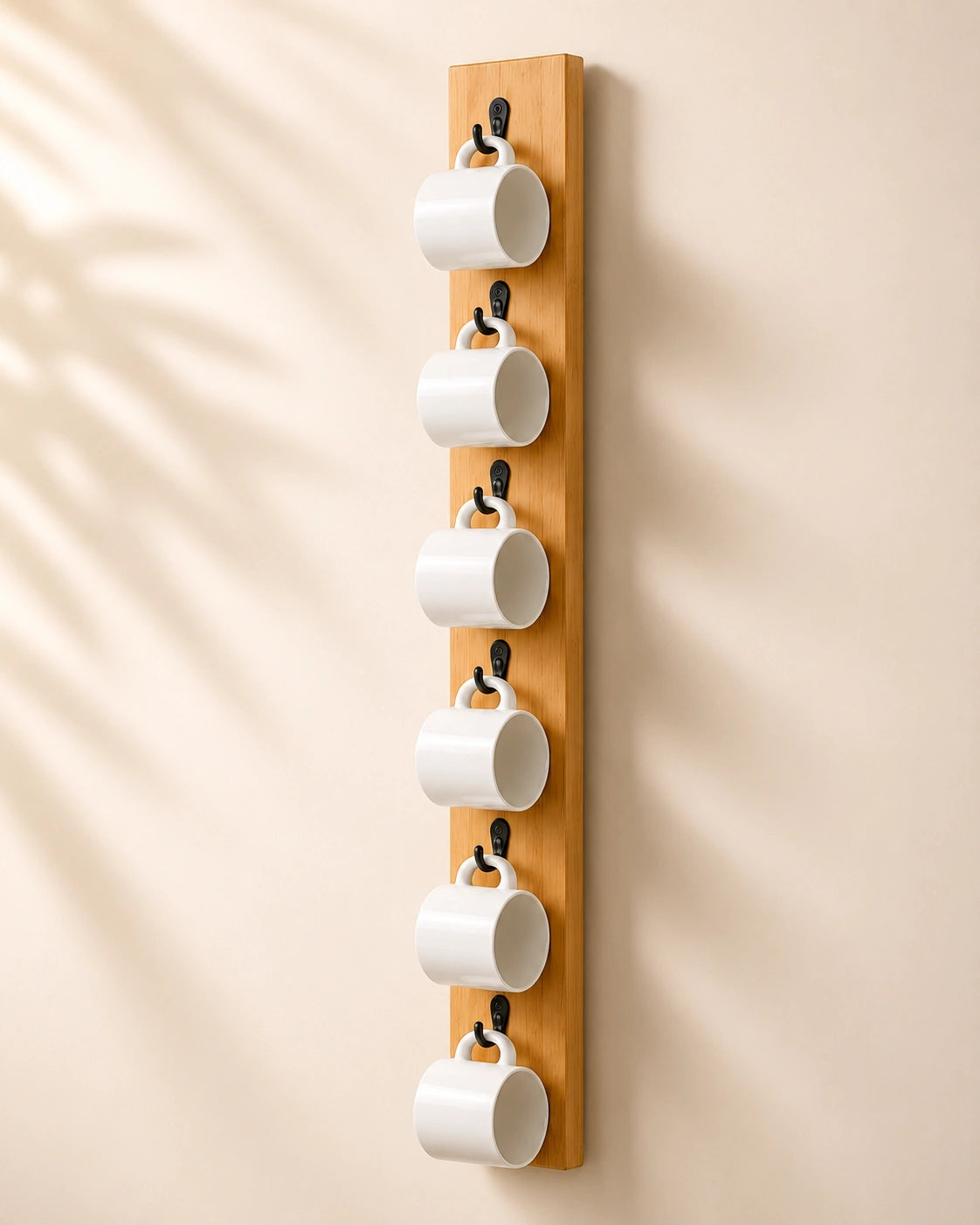 Wooden Wall Mounted Coffee Mug Holder Rack | 6 Hooks | Space Saving Kitchen Organizer