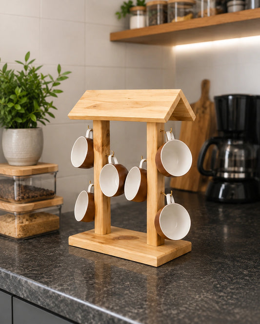 Wooden House Mug Holder Stand | 8 Cup Wooden Coffee Mug Rack