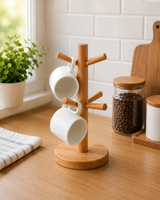 Wooden Coffee Mug Holder Stand | 6 Cup Mug Tree Rack