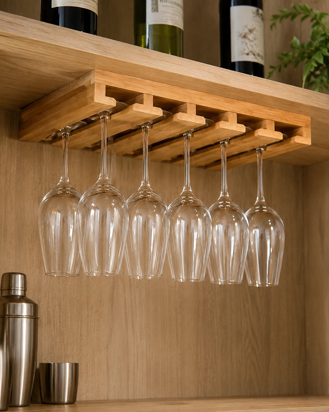 Premium Wooden Under Cabinet Glass Holder | Wall Mounted Stemware Rack