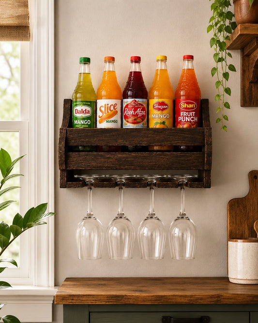 Wooden Wall Mounted Bottle Rack & Glass Holder | 5 Bottle Storage Shelf