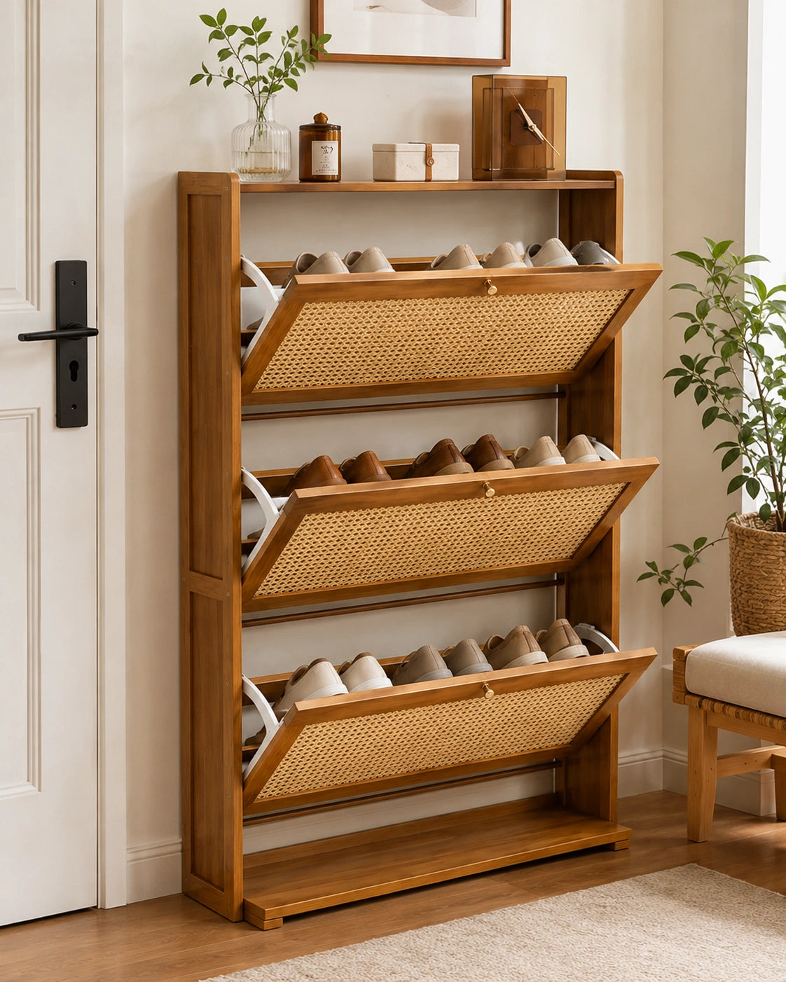 3-Tier Wooden Shoe Cabinet with Flip Drawers