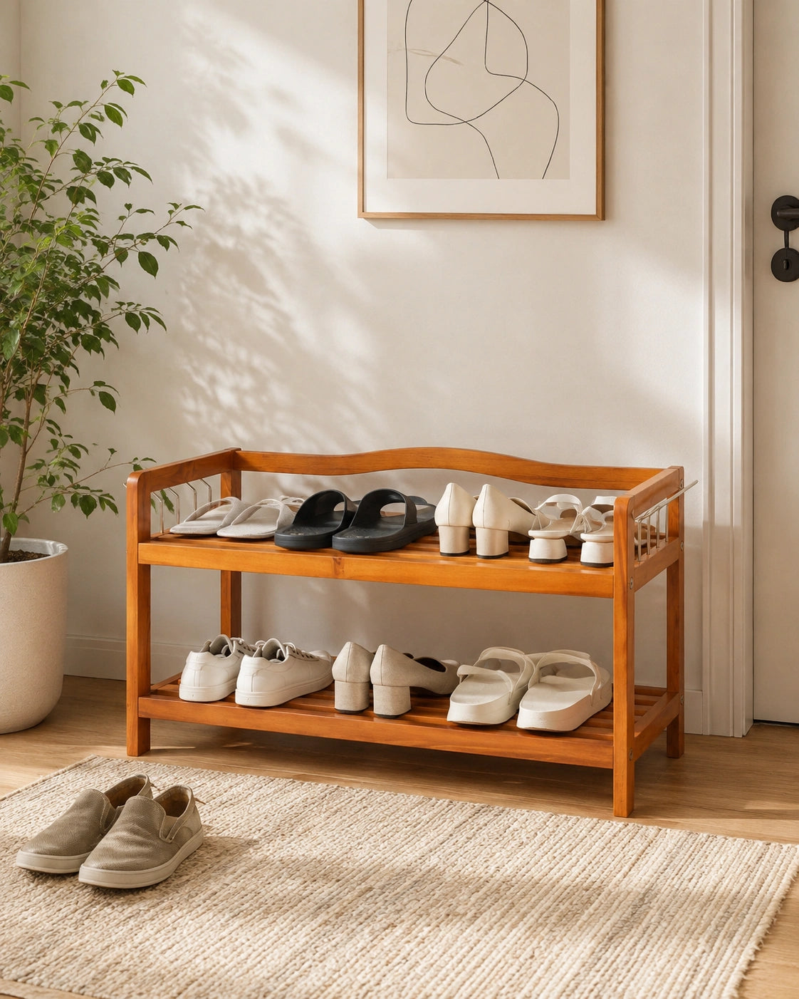 Wooden Shoe Rack Bench with 2-Tier Storage | Entryway Organizer