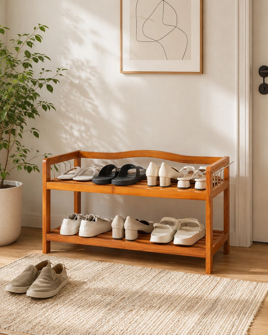 Wooden Shoe Rack Bench with 2-Tier Storage | Entryway Organizer