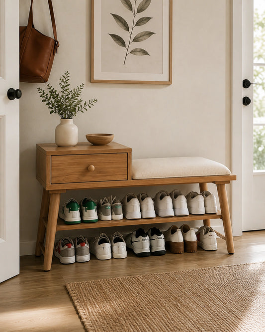 Modern Wooden Shoe Rack Bench with Drawer & Cushion Seat | Entryway Storage
