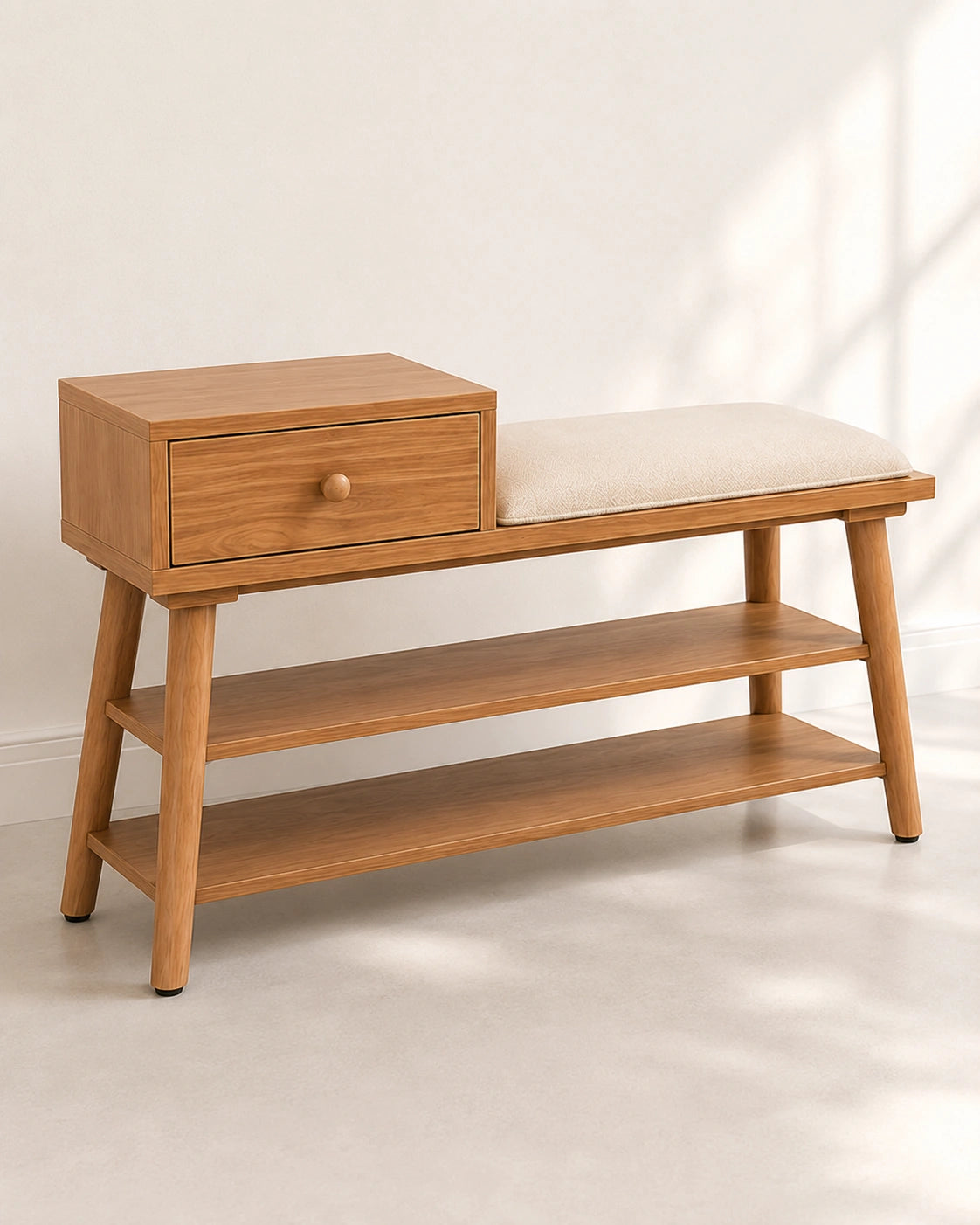 Modern Wooden Shoe Rack Bench with Drawer & Cushion Seat | Entryway Storage