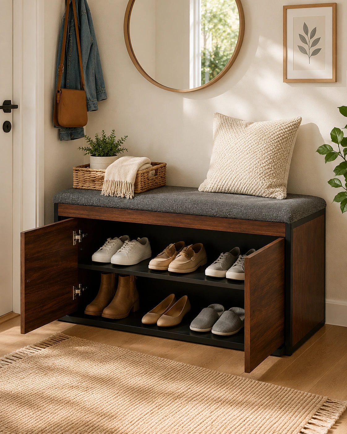 Wooden Shoe Storage Bench with Cushion | Entryway Shoe Cabinet | 2-Door Shoe Organizer