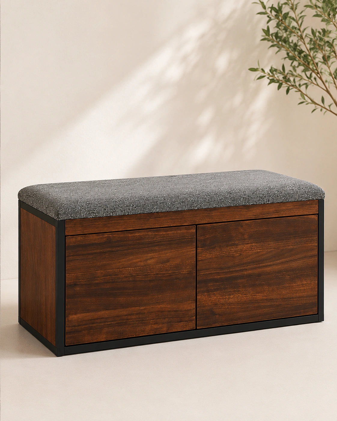 Wooden Shoe Storage Bench with Cushion | Entryway Shoe Cabinet | 2-Door Shoe Organizer