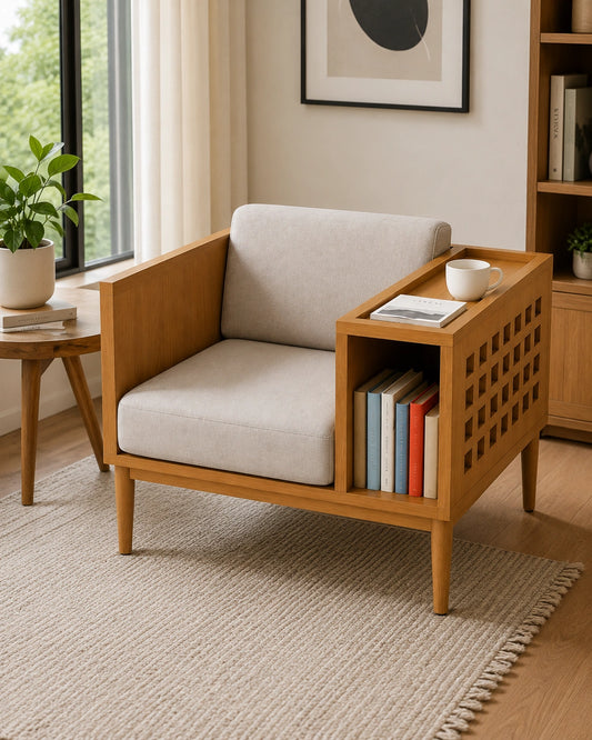 Modern Wooden Lounge Chair with Side Table & Book Storage | Solid Wood Accent Chair