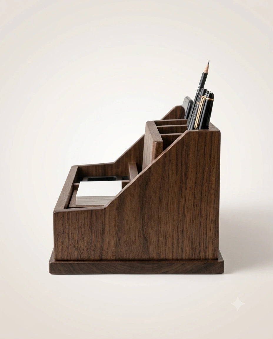 Wooden Desk Organizer with Phone Holder & Pen Stand | Office Desk Accessories