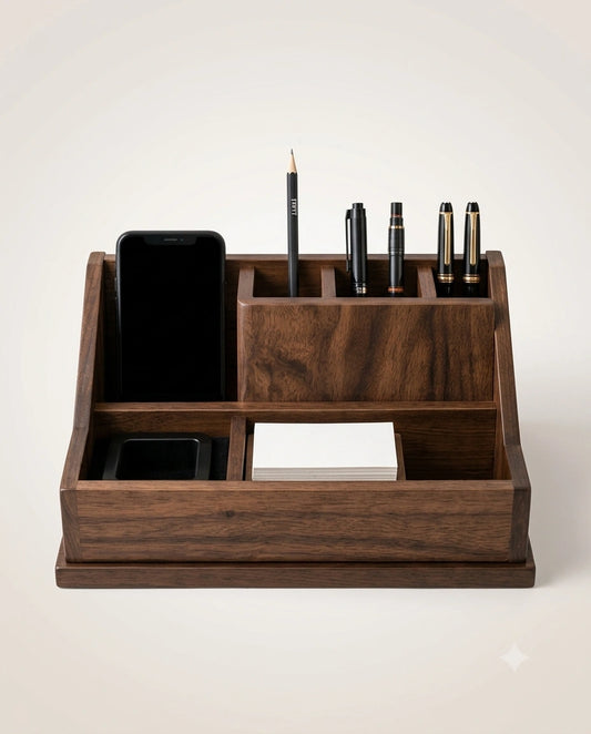 Wooden Desk Organizer with Phone Holder & Pen Stand | Office Desk Accessories