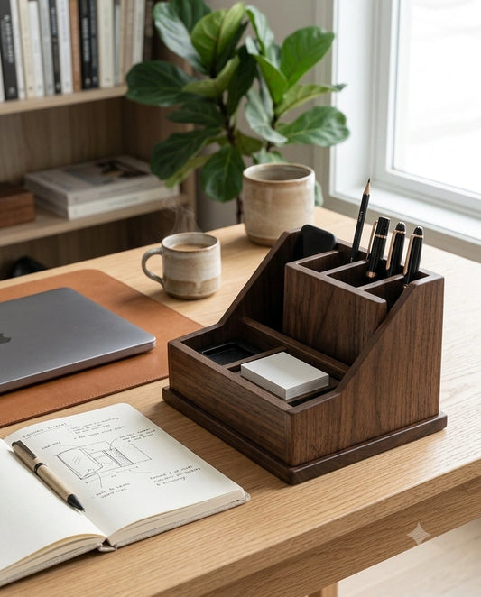 Wooden Desk Organizer with Phone Holder & Pen Stand | Office Desk Accessories