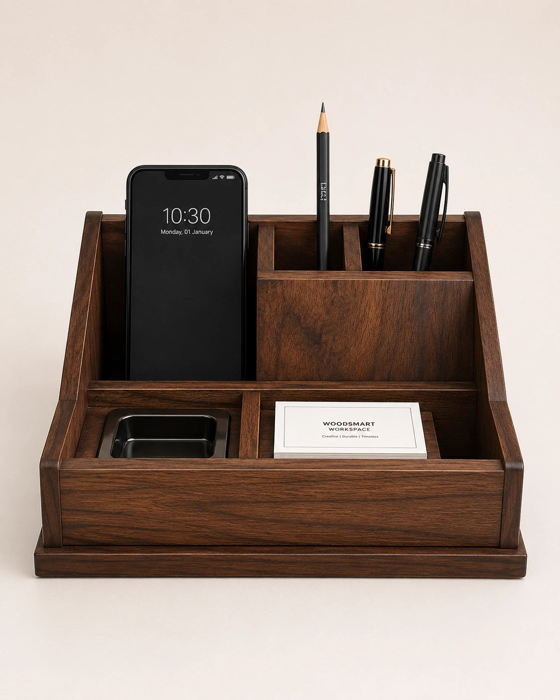 Wooden Desk Organizer with Phone Holder & Pen Stand | Office Desk Accessories