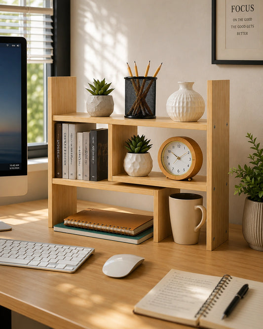 Wooden Desktop Organizer Shelf | Adjustable Desk Storage Rack | Office & Study Table Organizer