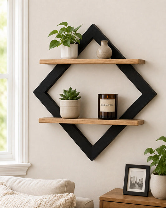 Geometric Wooden Wall Shelf | Modern Diamond Floating Display Shelf
