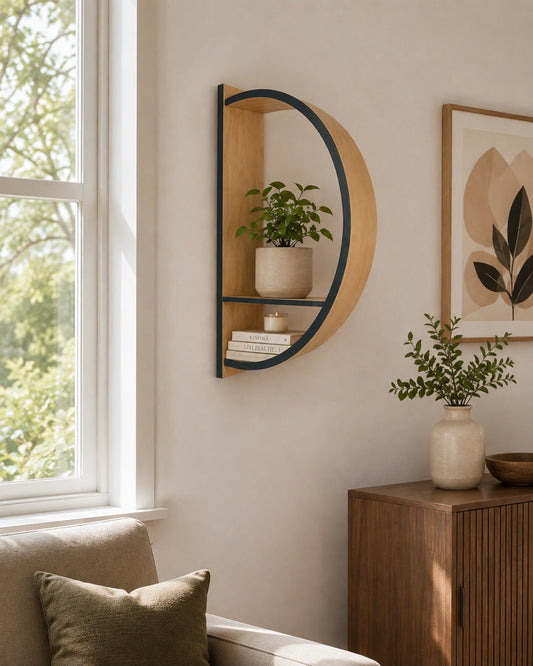 Modern Half Moon Wooden Plant Holder | Decorative Floating Wall Shelf