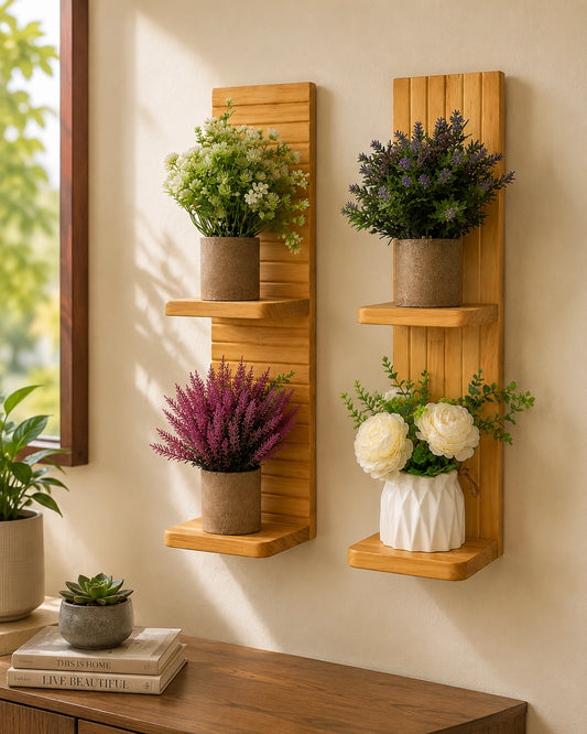 Modern Wooden Wall Mounted Plant Shelf | 2-Tier Floating Display Shelf