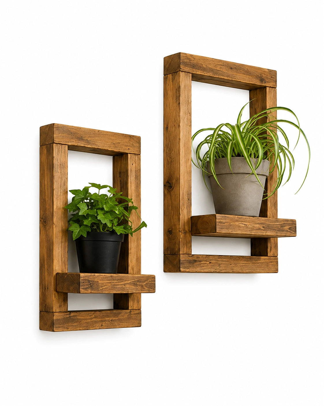 Rustic Wooden Floating Plant Wall Shelf Set of 2 | Solid Wood Wall Decor