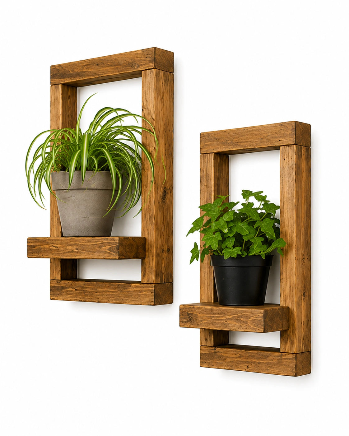 Rustic Wooden Floating Plant Wall Shelf Set of 2 | Solid Wood Wall Decor