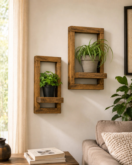 Rustic Wooden Floating Plant Wall Shelf Set of 2 | Solid Wood Wall Decor