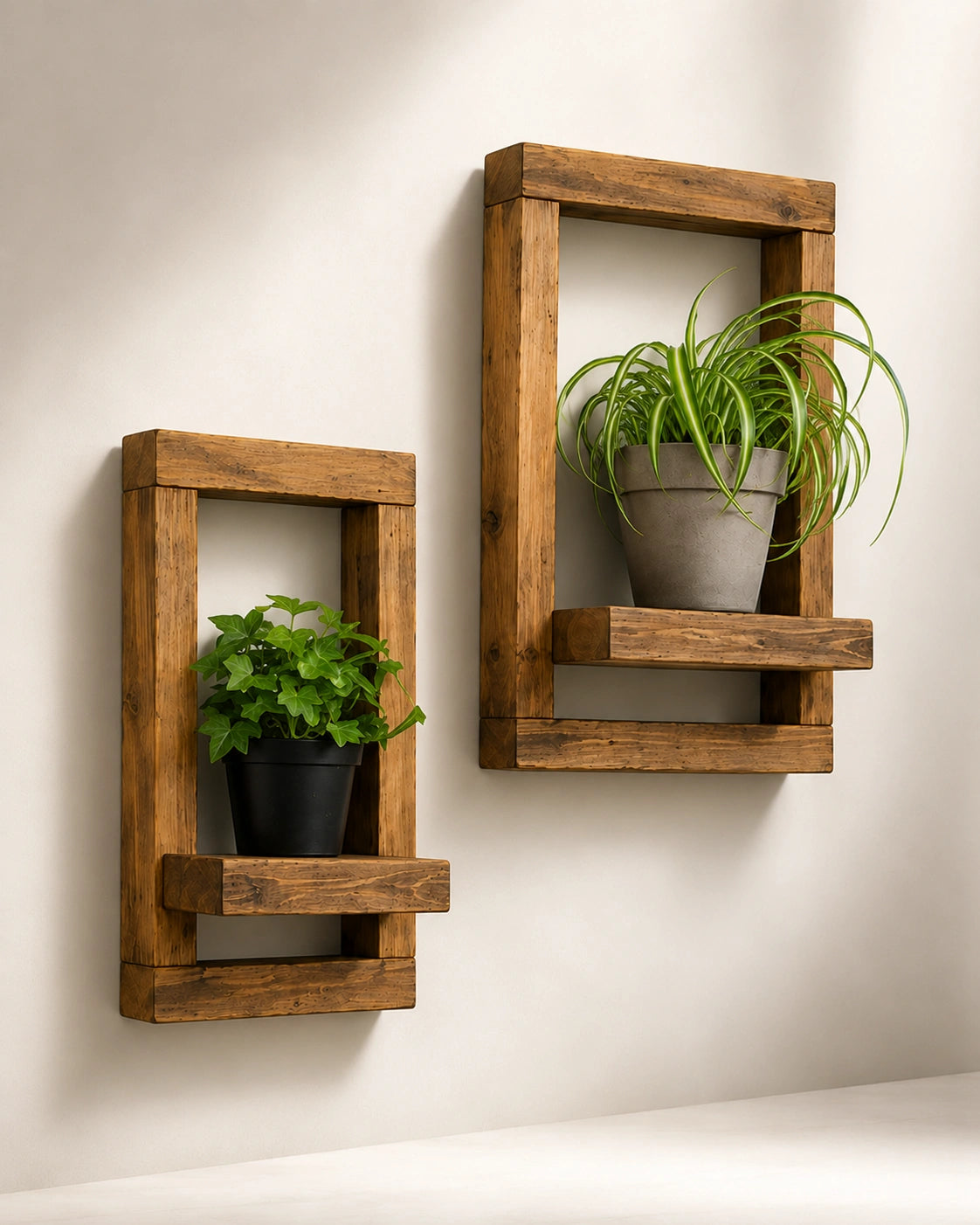 Rustic Wooden Floating Plant Wall Shelf Set of 2 | Solid Wood Wall Decor