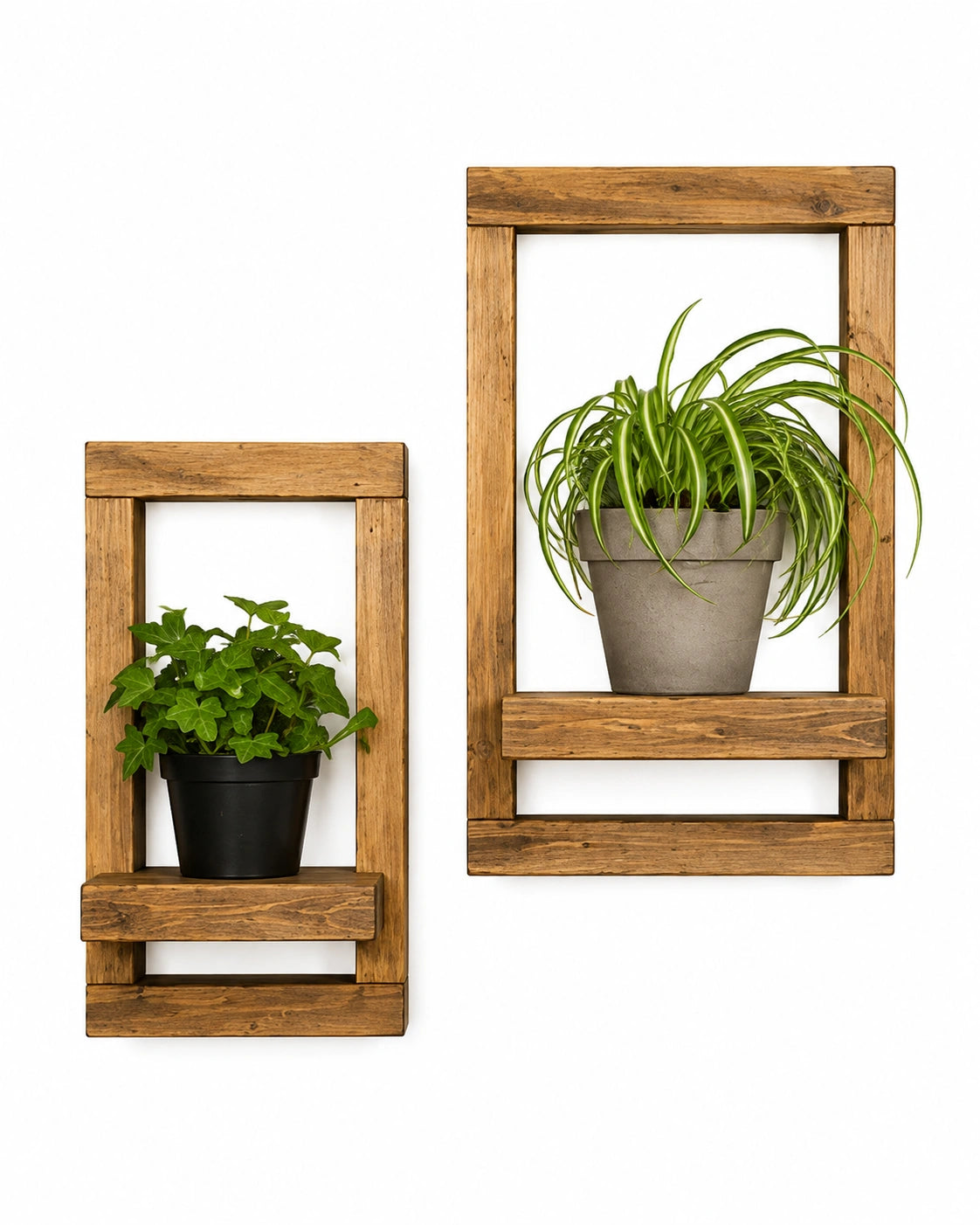 Rustic Wooden Floating Plant Wall Shelf Set of 2 | Solid Wood Wall Decor