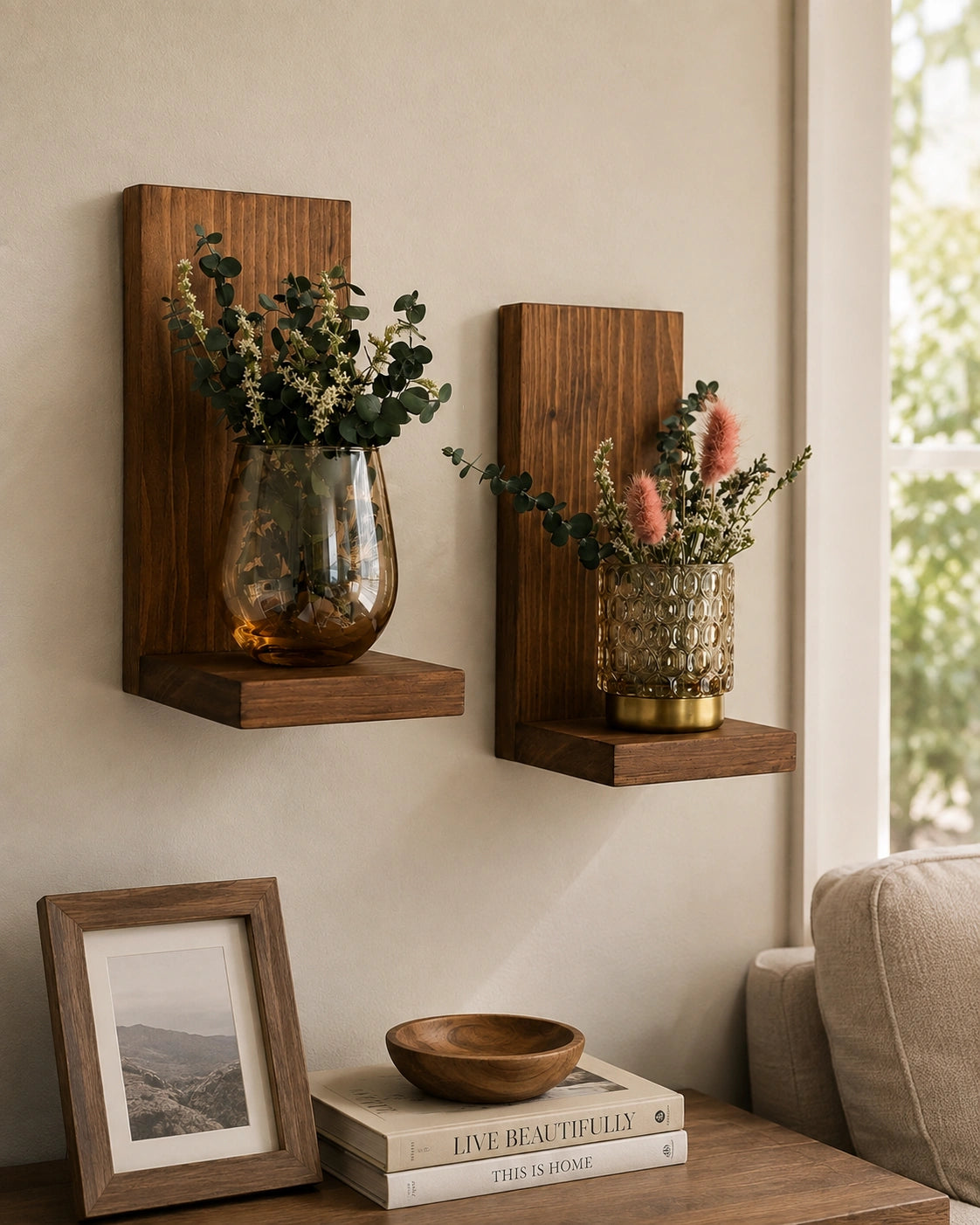 Wooden Wall Mounted Floating Vase Shelf Set of 2 | Modern Wooden Wall Decor