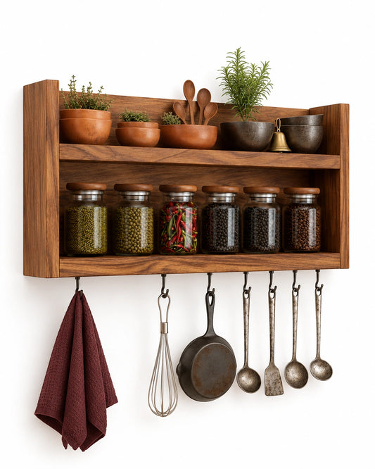 Wall Mounted Wooden Kitchen Shelf with Hooks | Spice Rack & Utensil Organizer