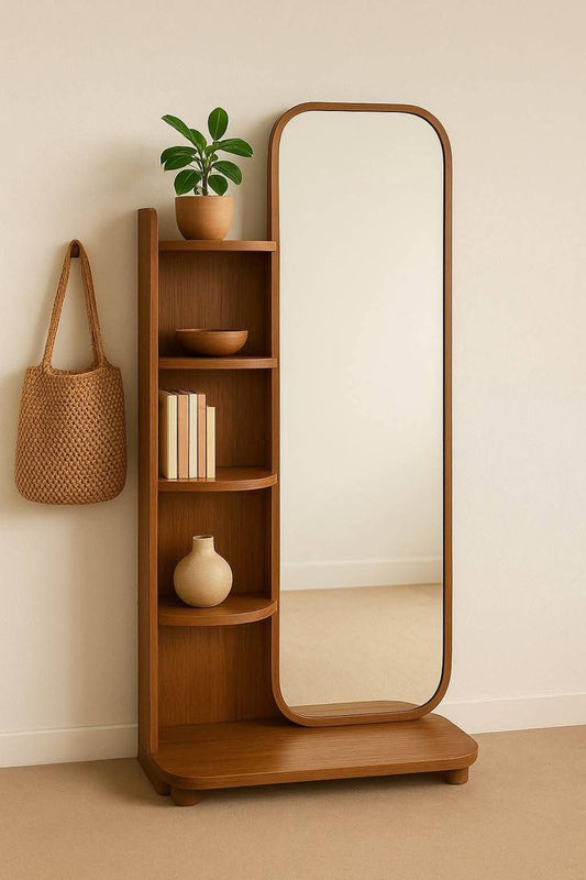 Wooden Full-Length Mirror with Side Storage Shelves | Modern Floor Standing Mirror