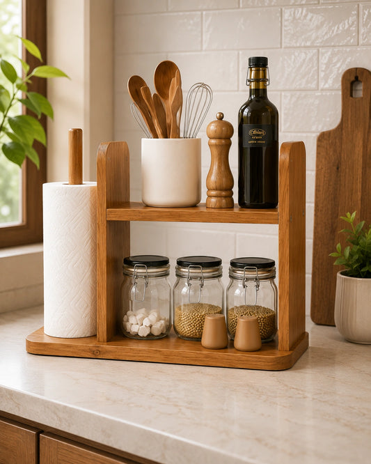Wooden Kitchen Counter Organizer with Paper Towel Holder | 2-Tier Storage Shelf