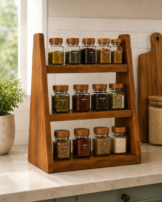 3-Tier Wooden Countertop Spice Rack | Kitchen Spice Organizer Shelf