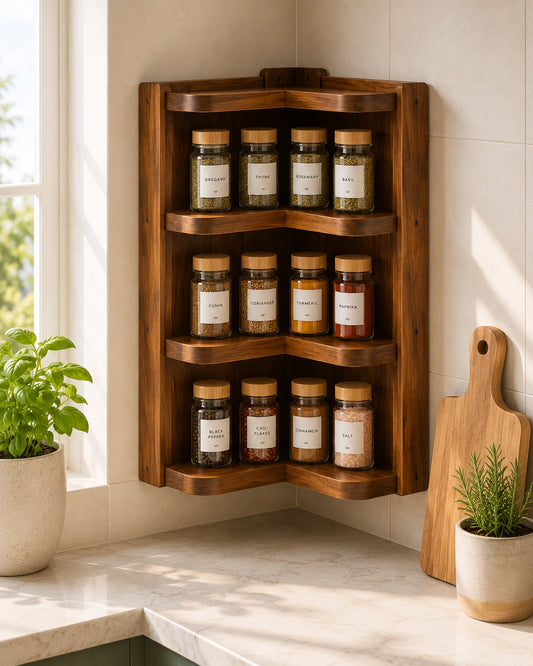 Corner Wooden Spice Rack | 3-Tier Wall Mounted Corner Shelf
