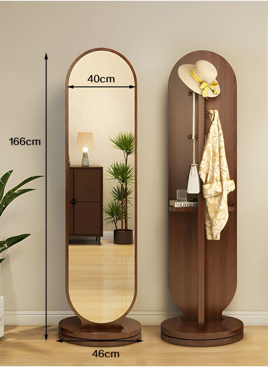 Wooden Full Length Rotating Mirror with Coat Stand & Storage Shelf | Entryway Organizer
