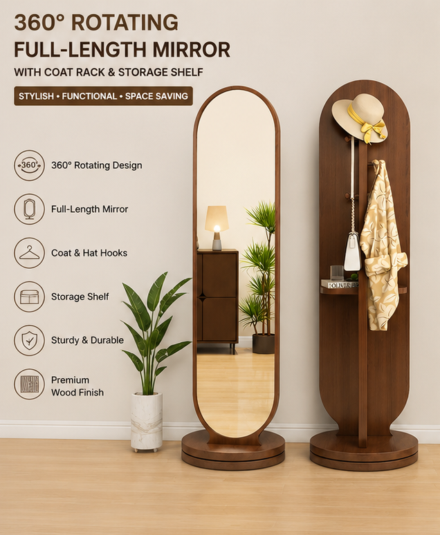 Wooden Full Length Rotating Mirror with Coat Stand & Storage Shelf | Entryway Organizer