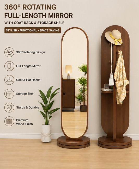 Wooden Full Length Rotating Mirror with Coat Stand & Storage Shelf | Entryway Organizer