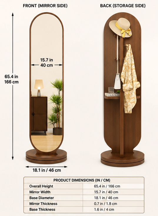 Wooden Full Length Rotating Mirror with Coat Stand & Storage Shelf | Entryway Organizer