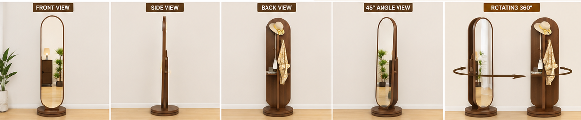 Wooden Full Length Rotating Mirror with Coat Stand & Storage Shelf | Entryway Organizer