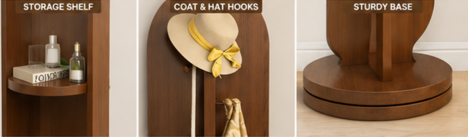 Wooden Full Length Rotating Mirror with Coat Stand & Storage Shelf | Entryway Organizer