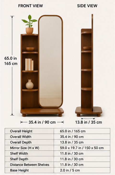 Wooden Full-Length Mirror with Side Storage Shelves | Modern Floor Standing Mirror
